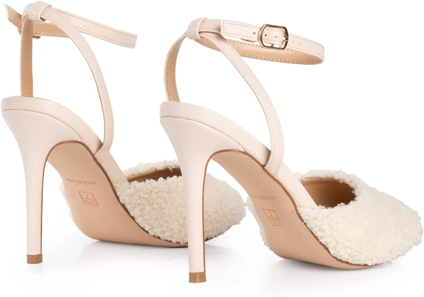 Women's Beige Heeled Sandals With Fuzzy Ankle Strap Sexy Stiletto Heel Sandal For Women Cute Peep Toe High Heels Elegant Dress Shoes For Wedding Prom Dancing