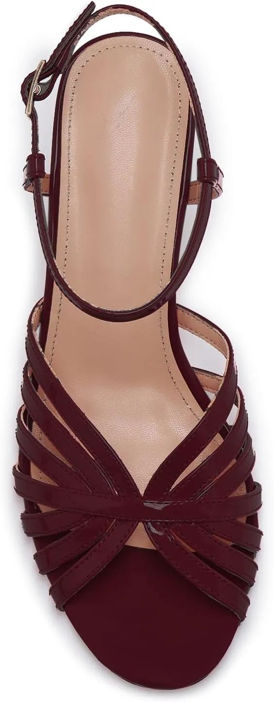 Women's Black and Gold Heels – Strappy Patent Leather Open Toe Sandals with Ankle Strap – Elegant High Heels for Party, Wedding, or Evening