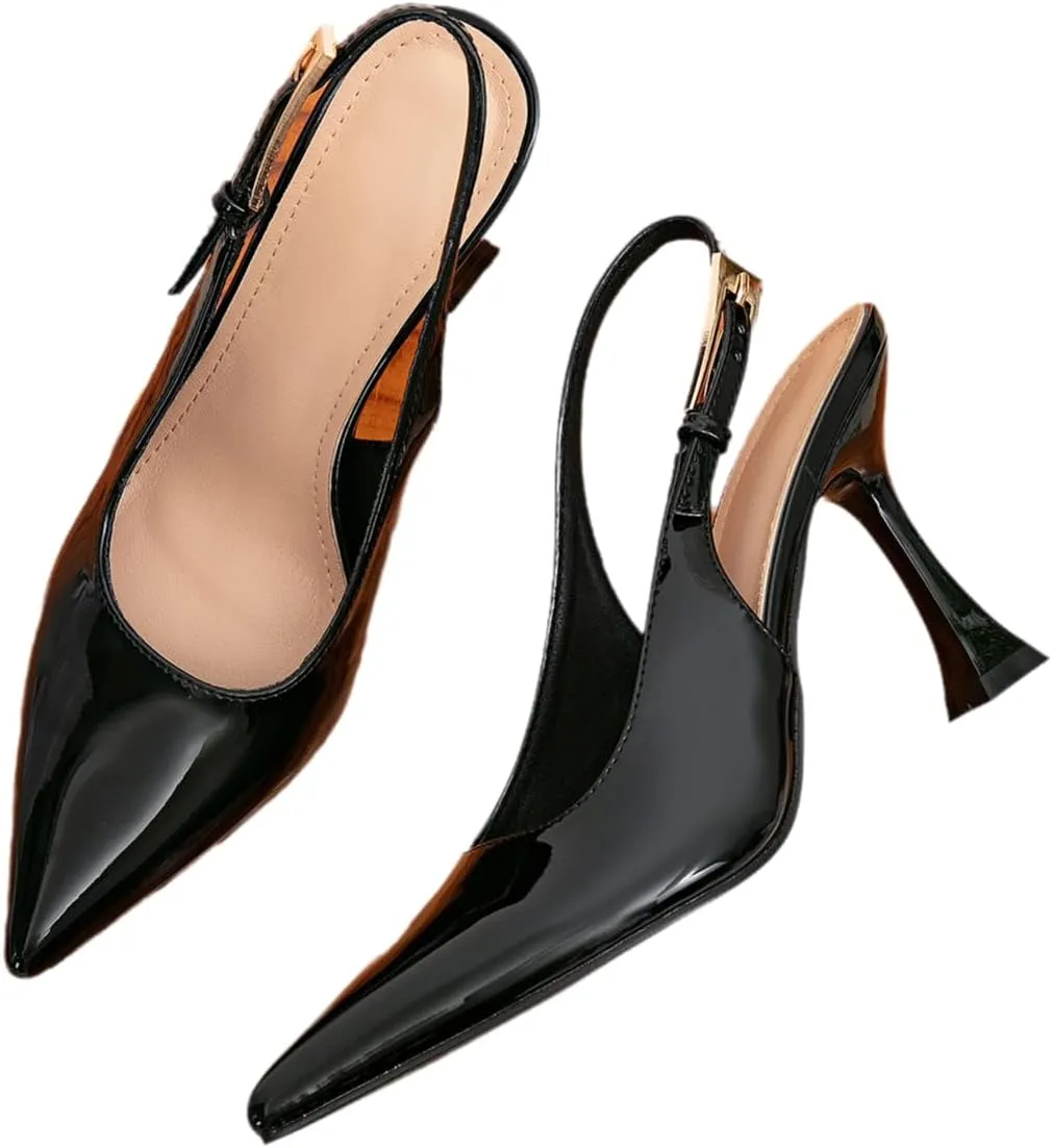 Women's Black Pointed-Toe High Heel Sandals - Glossy Elegant Dress Shoes with Adjustable Ankle Strap & Metallic Buckle, Slender Heels for Formal Events & Night Out