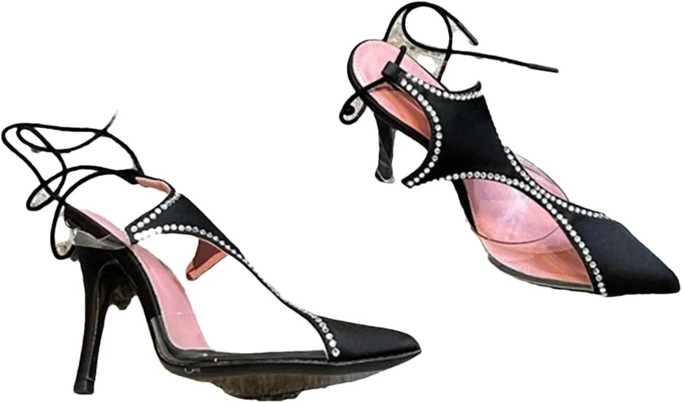 Women's Black Silk TPU Split Sandals, Pointed Toe Crystal Edge Ankle Strap Summer High Heels