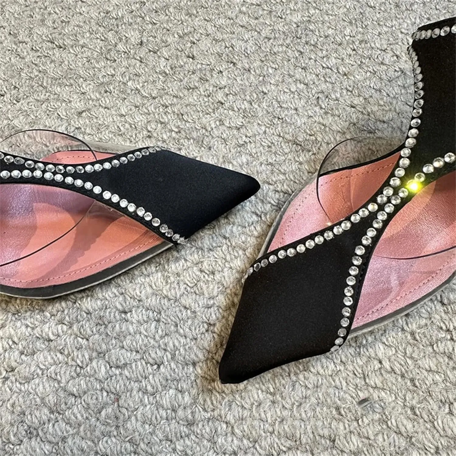 Women's Black Silk TPU Split Sandals, Pointed Toe Crystal Edge Ankle Strap Summer High Heels