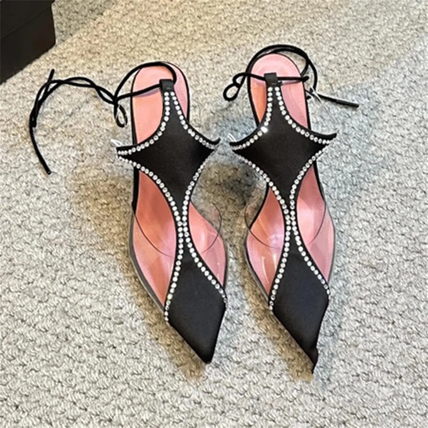 Women's Black Silk TPU Split Sandals, Pointed Toe Crystal Edge Ankle Strap Summer High Heels