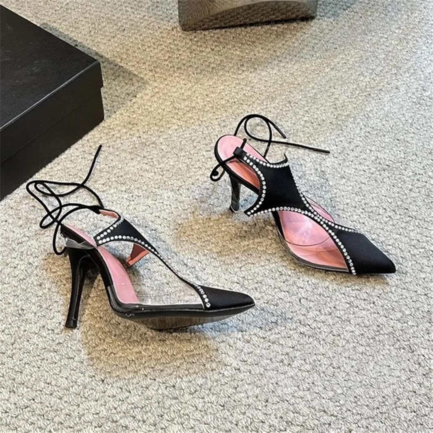 Women's Black Silk TPU Split Sandals, Pointed Toe Crystal Edge Ankle Strap Summer High Heels