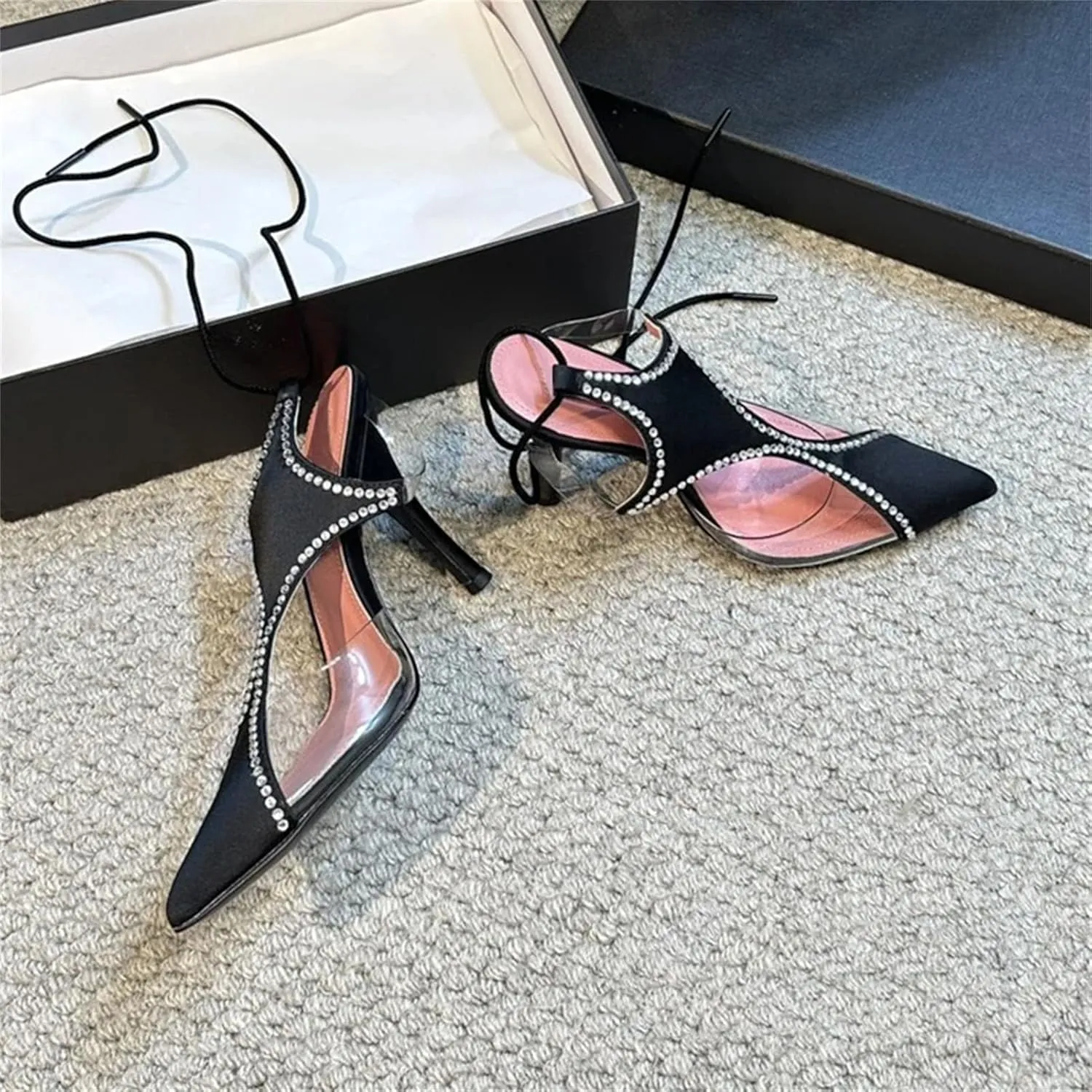 Women's Black Silk TPU Split Sandals, Pointed Toe Crystal Edge Ankle Strap Summer High Heels