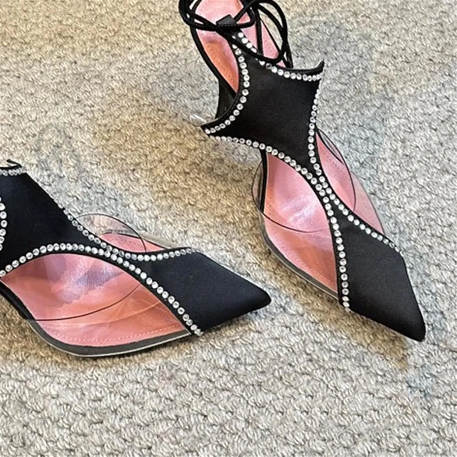 Women's Black Silk TPU Split Sandals, Pointed Toe Crystal Edge Ankle Strap Summer High Heels