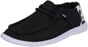 Women's Black Wendy Dudes Canvas Slip-On Loafers, Lightweight Walking Shoes with Cow Print, Breathable Flat Sneakers for Casual Wear