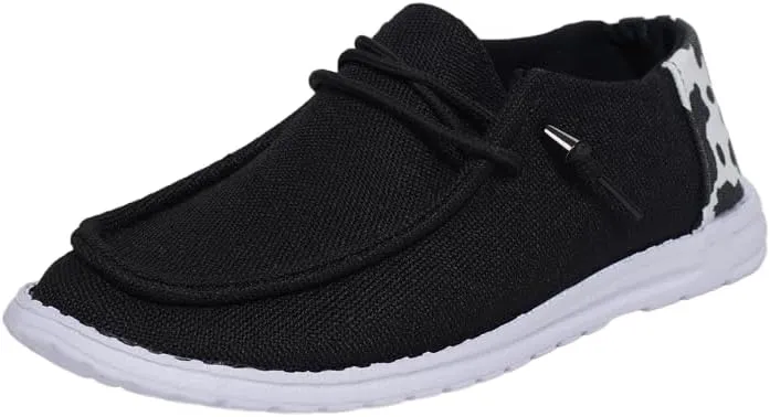 Women's Black Wendy Dudes Canvas Slip-On Loafers, Lightweight Walking Shoes with Cow Print, Breathable Flat Sneakers for Casual Wear