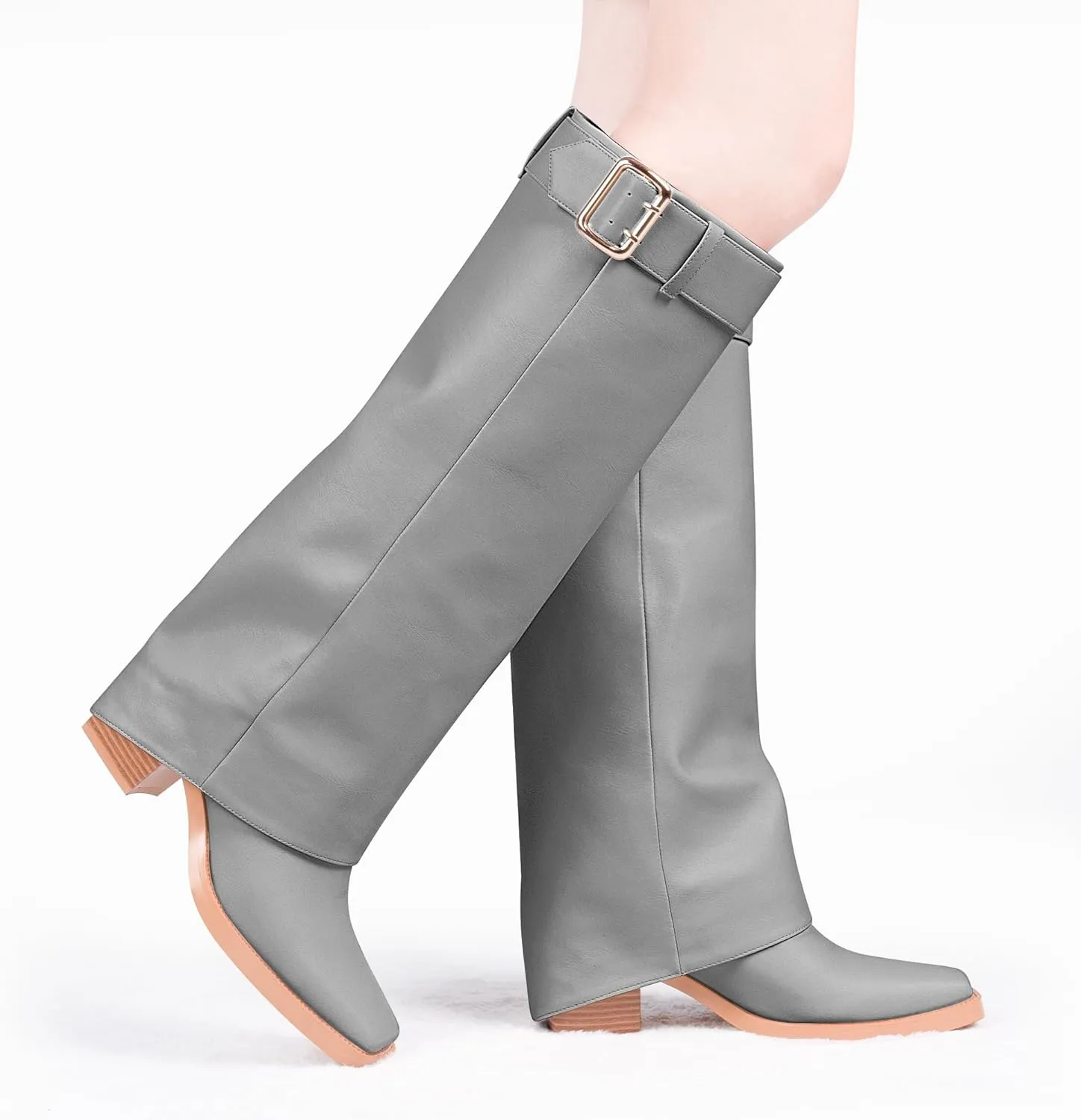 Women's Block Heel Fold Over Knee-High Boots Closed Toe Buckle Slip On Dress Boots