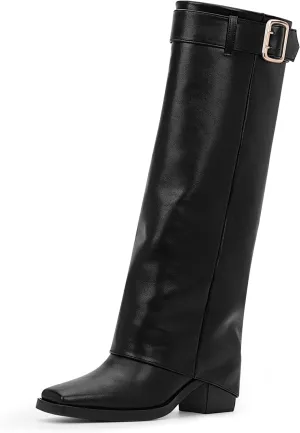 Women's Block Heel Fold Over Knee-High Boots Closed Toe Buckle Slip On Dress Boots