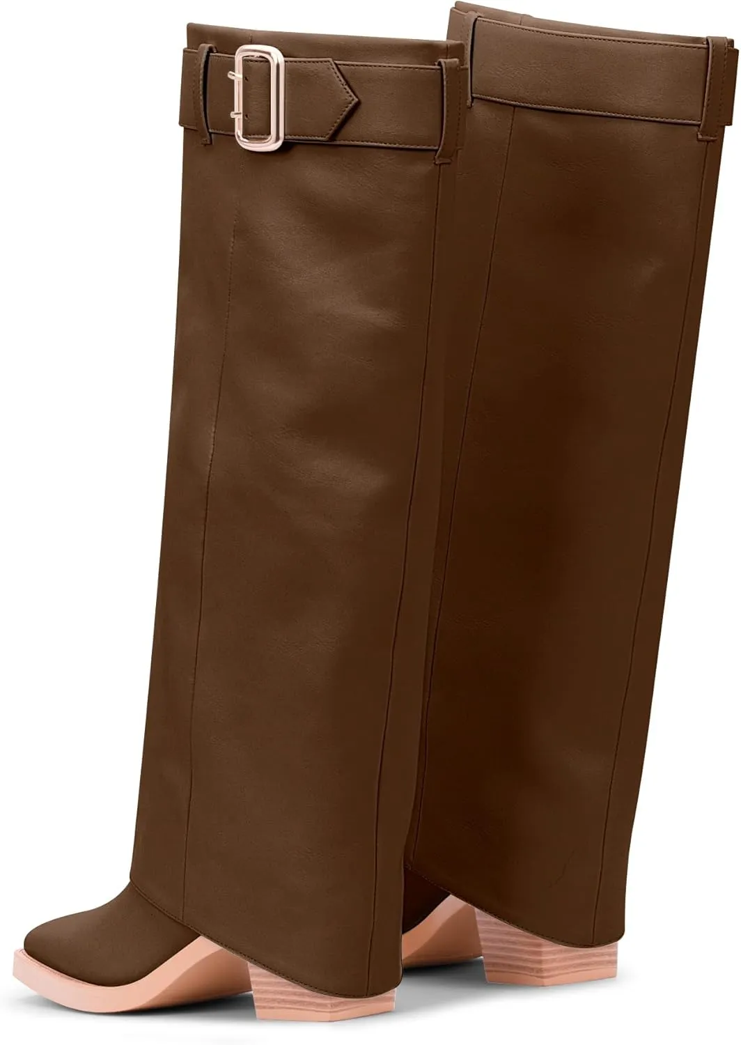 Women's Block Heel Fold Over Knee-High Boots Closed Toe Buckle Slip On Dress Boots