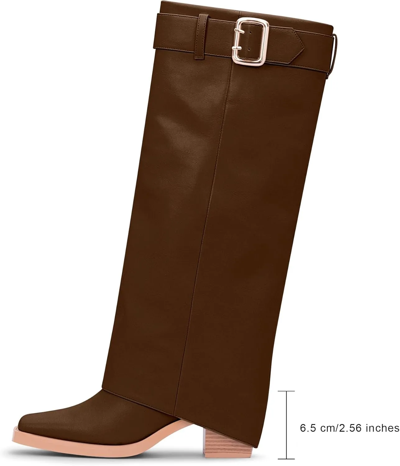 Women's Block Heel Fold Over Knee-High Boots Closed Toe Buckle Slip On Dress Boots