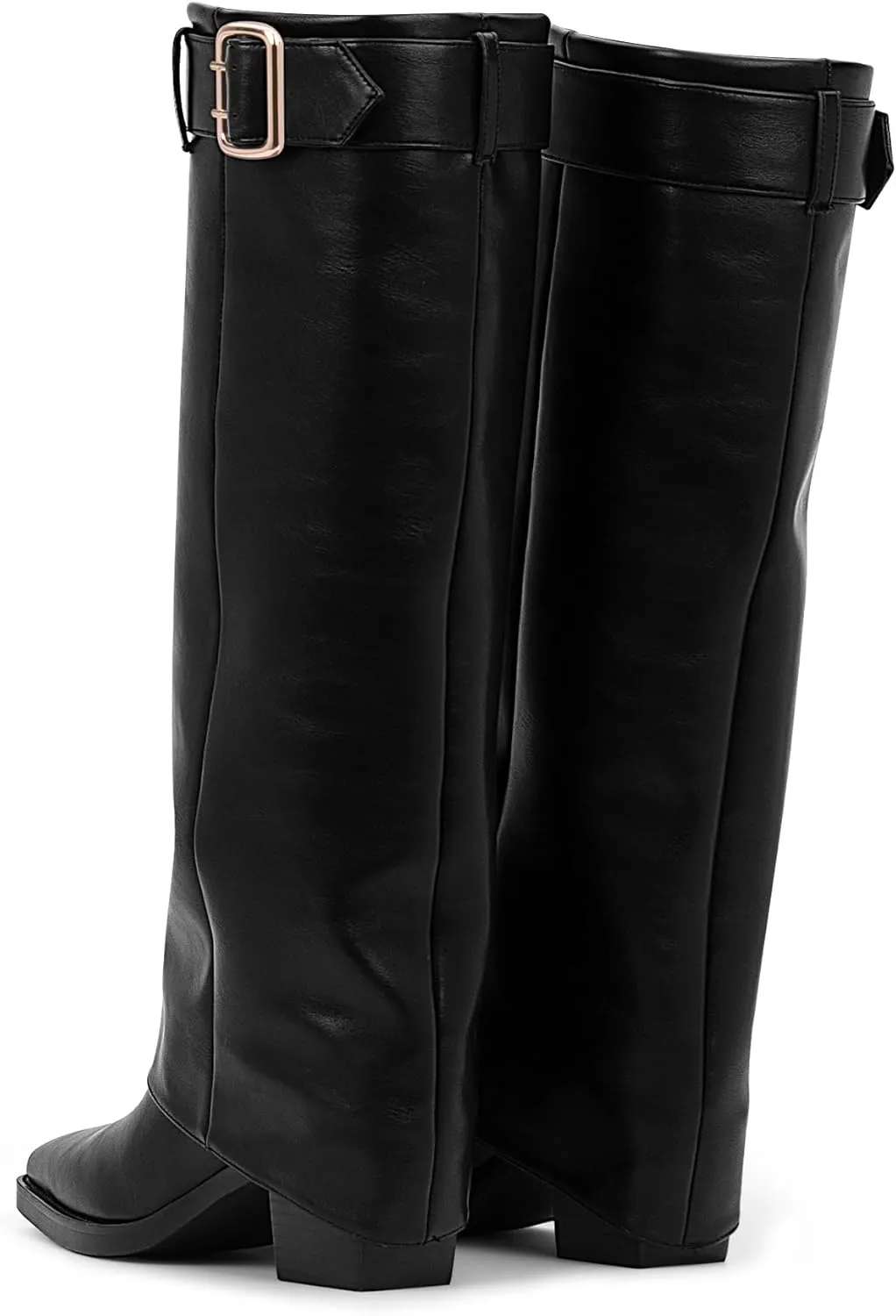 Women's Block Heel Fold Over Knee-High Boots Closed Toe Buckle Slip On Dress Boots
