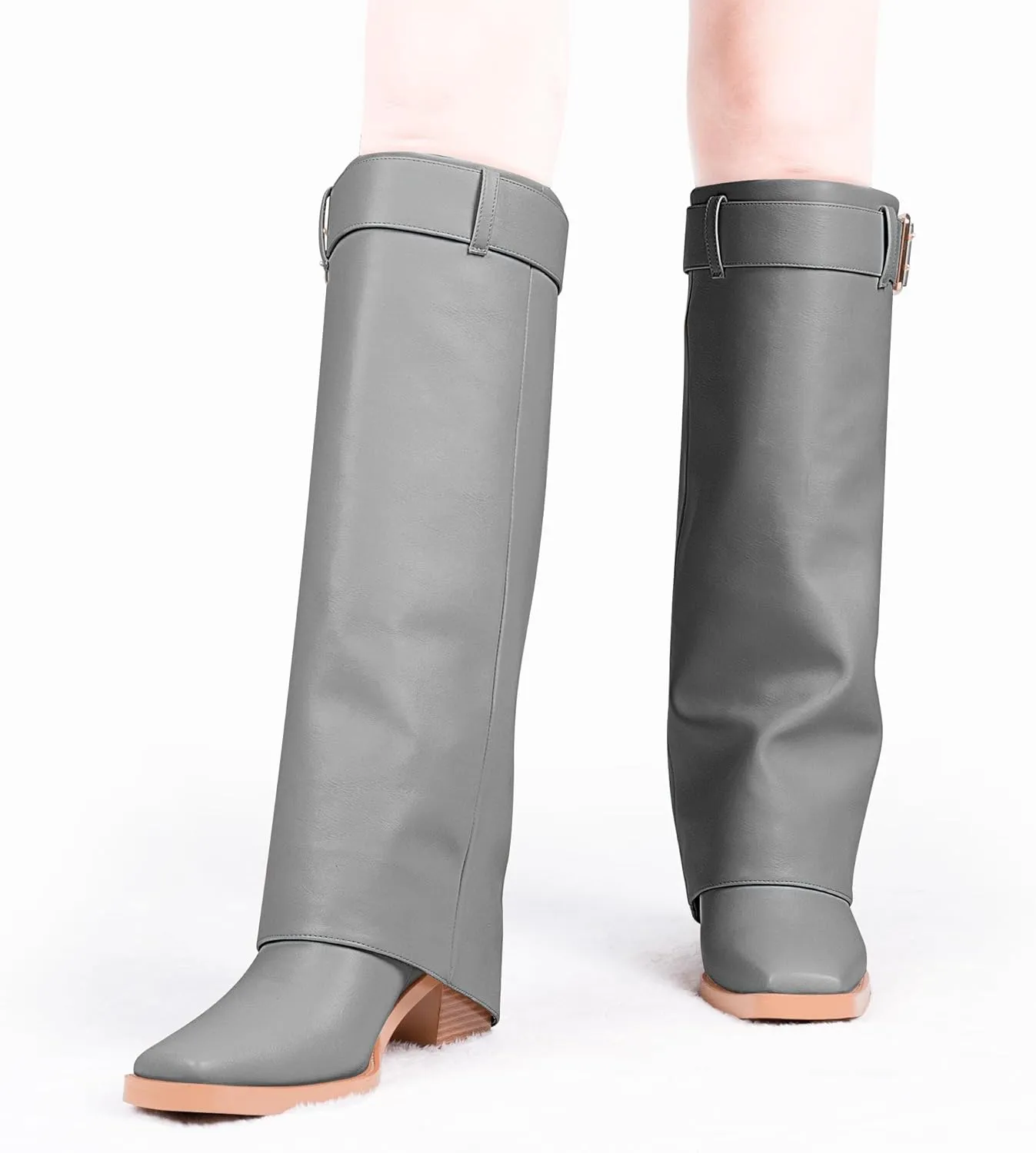 Women's Block Heel Fold Over Knee-High Boots Closed Toe Buckle Slip On Dress Boots