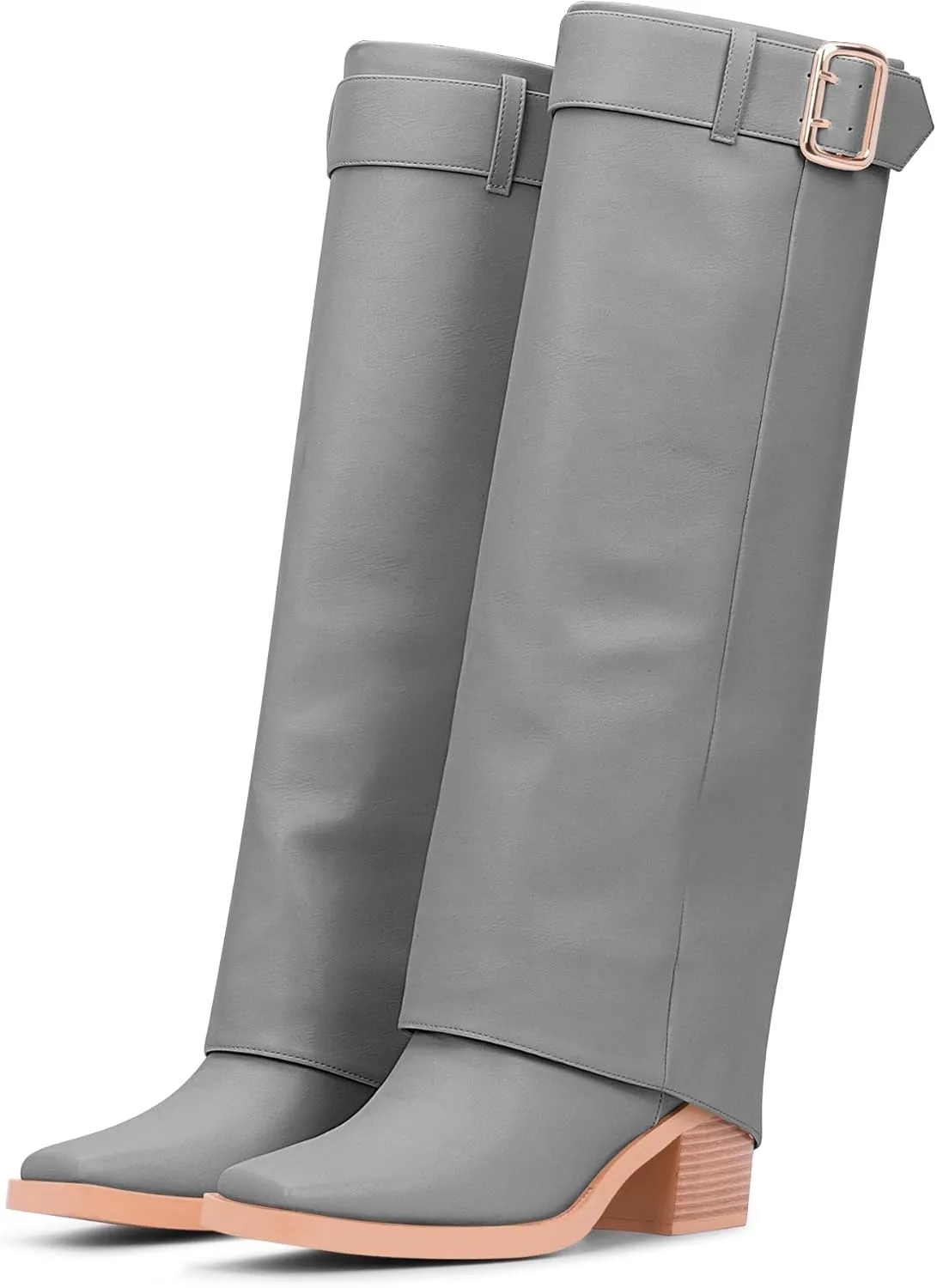 Women's Block Heel Fold Over Knee-High Boots Closed Toe Buckle Slip On Dress Boots