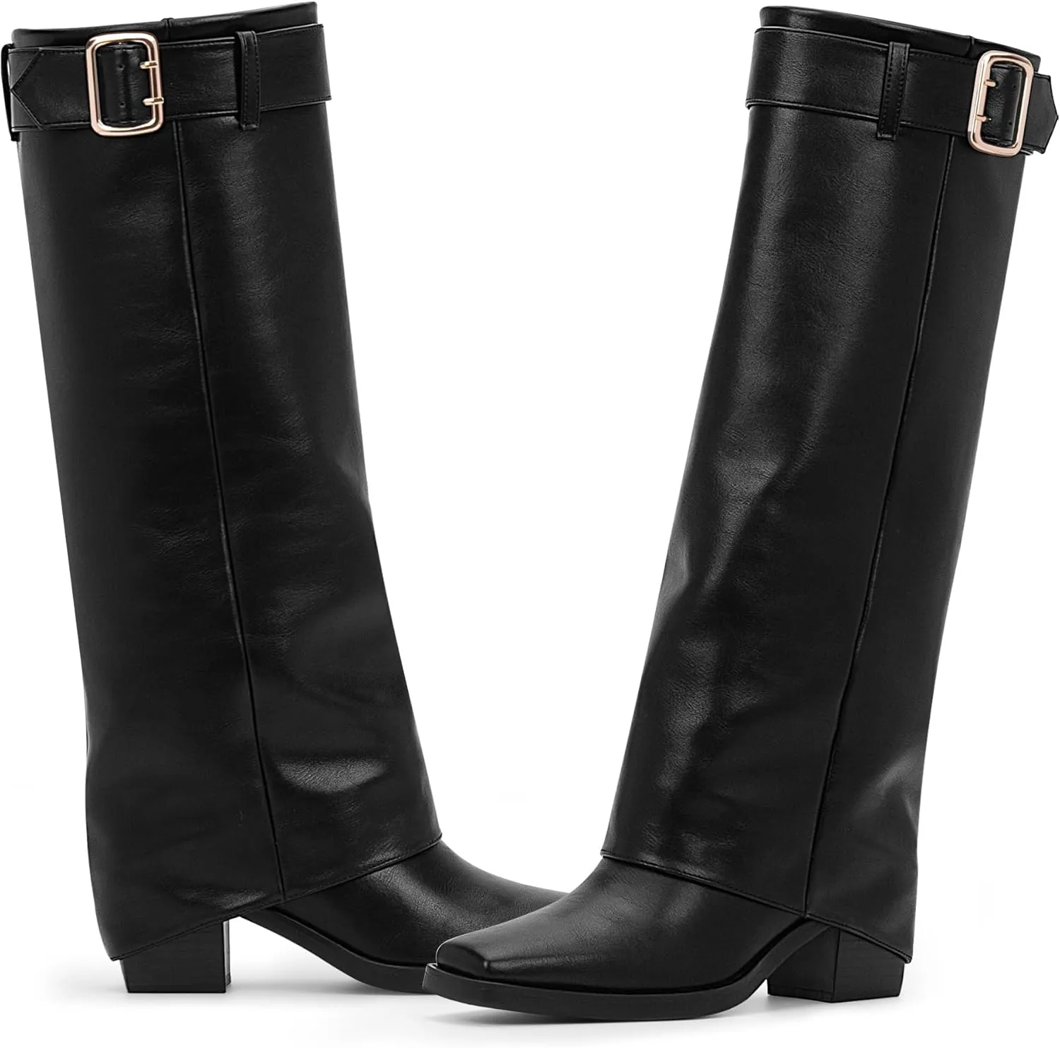 Women's Block Heel Fold Over Knee-High Boots Closed Toe Buckle Slip On Dress Boots