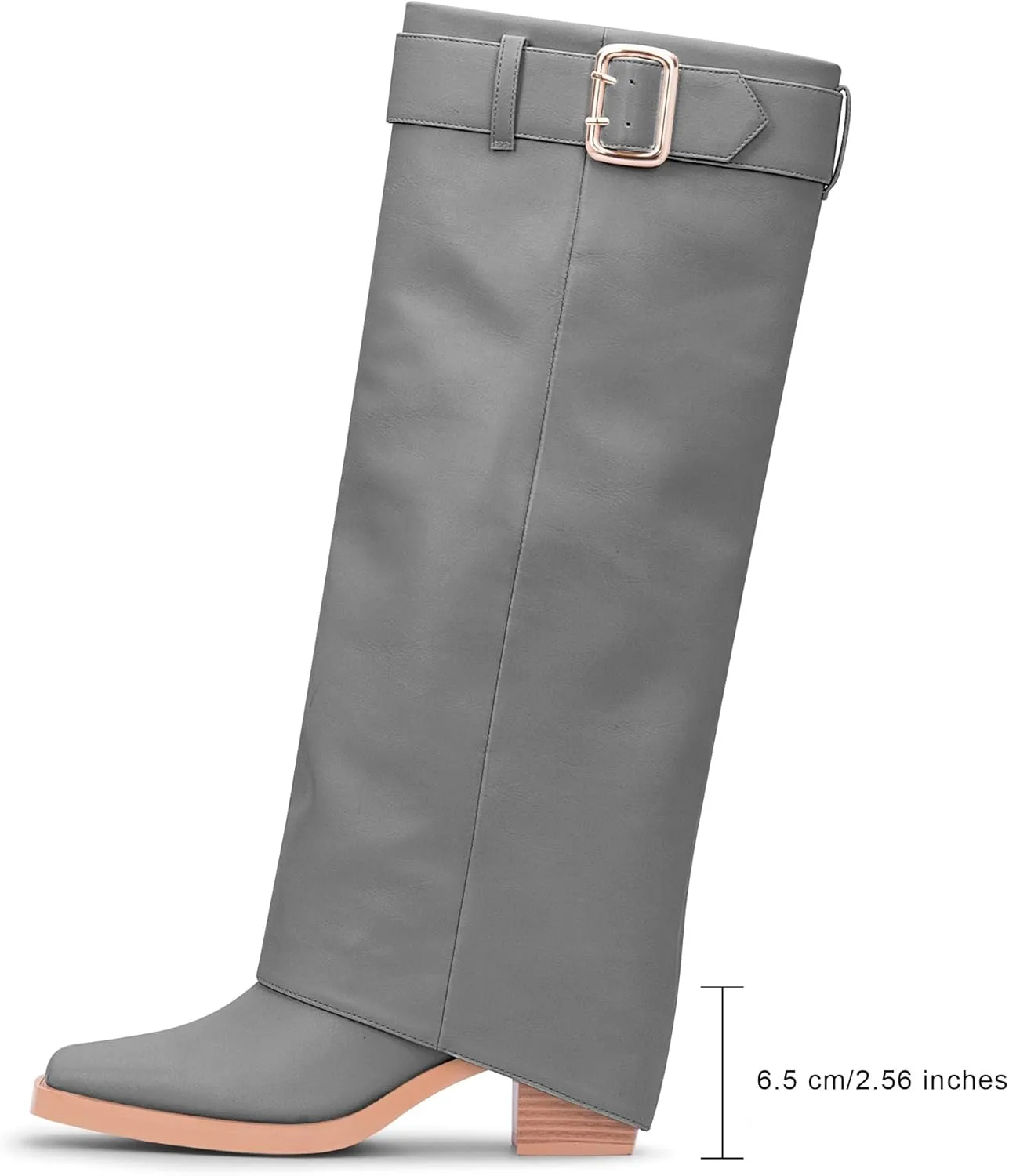 Women's Block Heel Fold Over Knee-High Boots Closed Toe Buckle Slip On Dress Boots