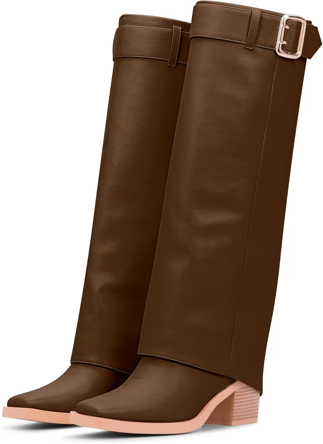 Women's Block Heel Fold Over Knee-High Boots Closed Toe Buckle Slip On Dress Boots