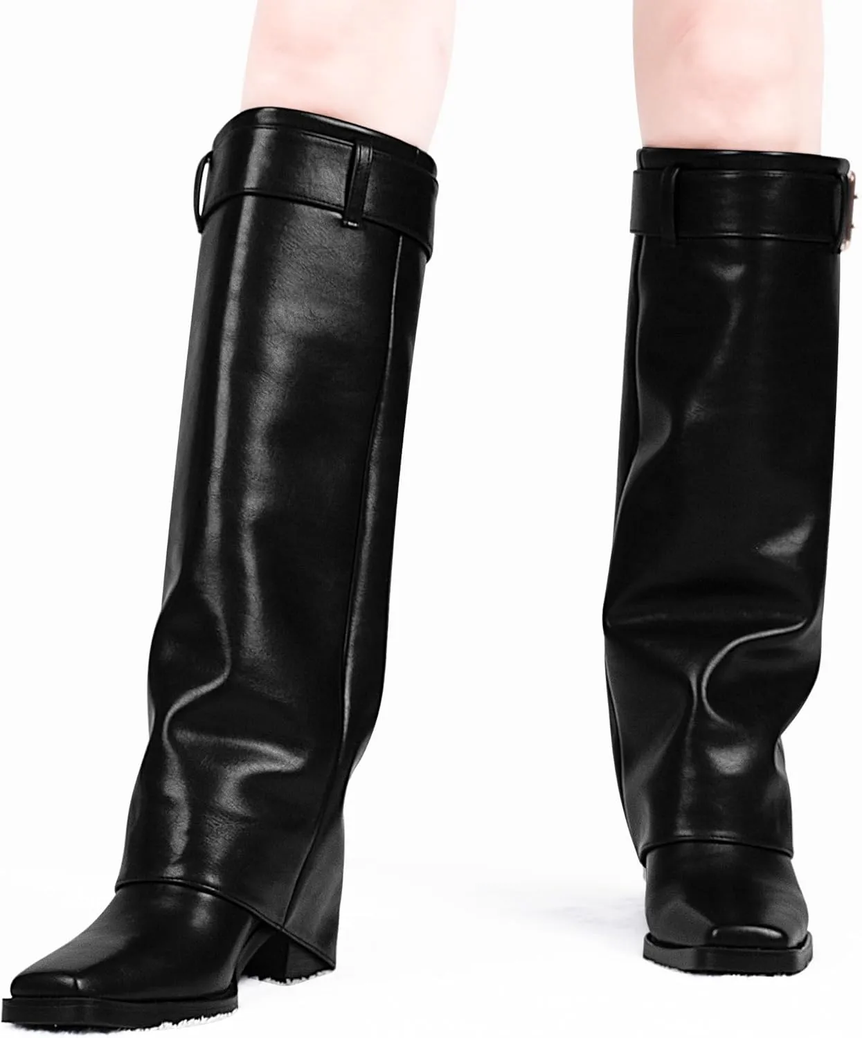 Women's Block Heel Fold Over Knee-High Boots Closed Toe Buckle Slip On Dress Boots