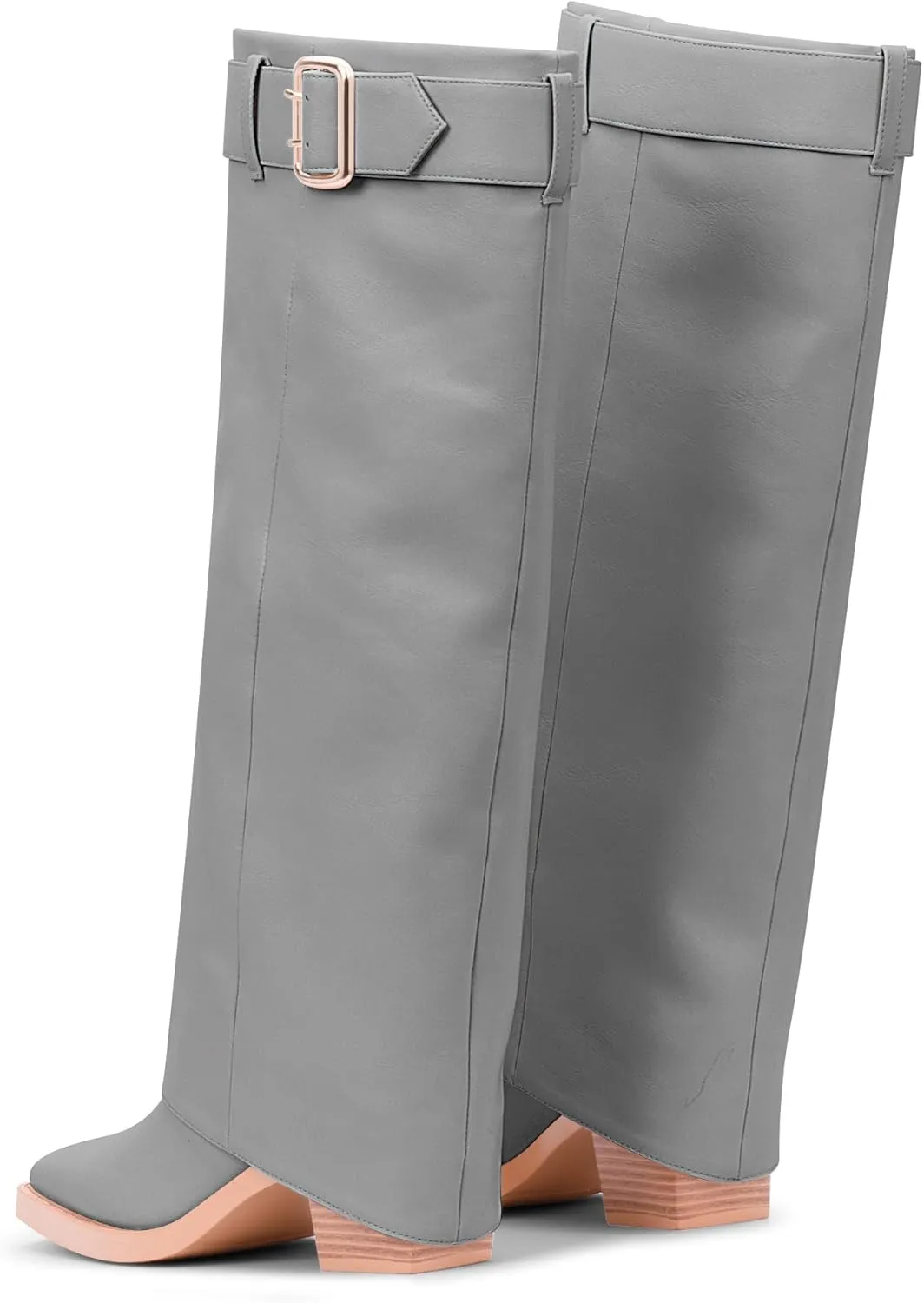 Women's Block Heel Fold Over Knee-High Boots Closed Toe Buckle Slip On Dress Boots