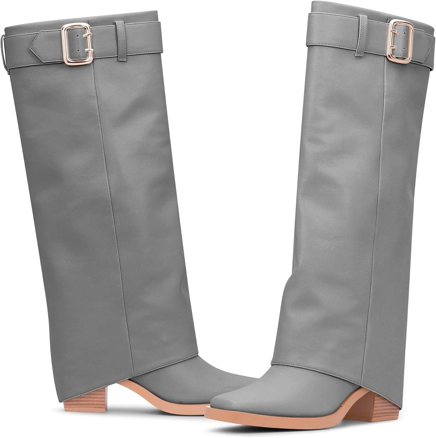 Women's Block Heel Fold Over Knee-High Boots Closed Toe Buckle Slip On Dress Boots