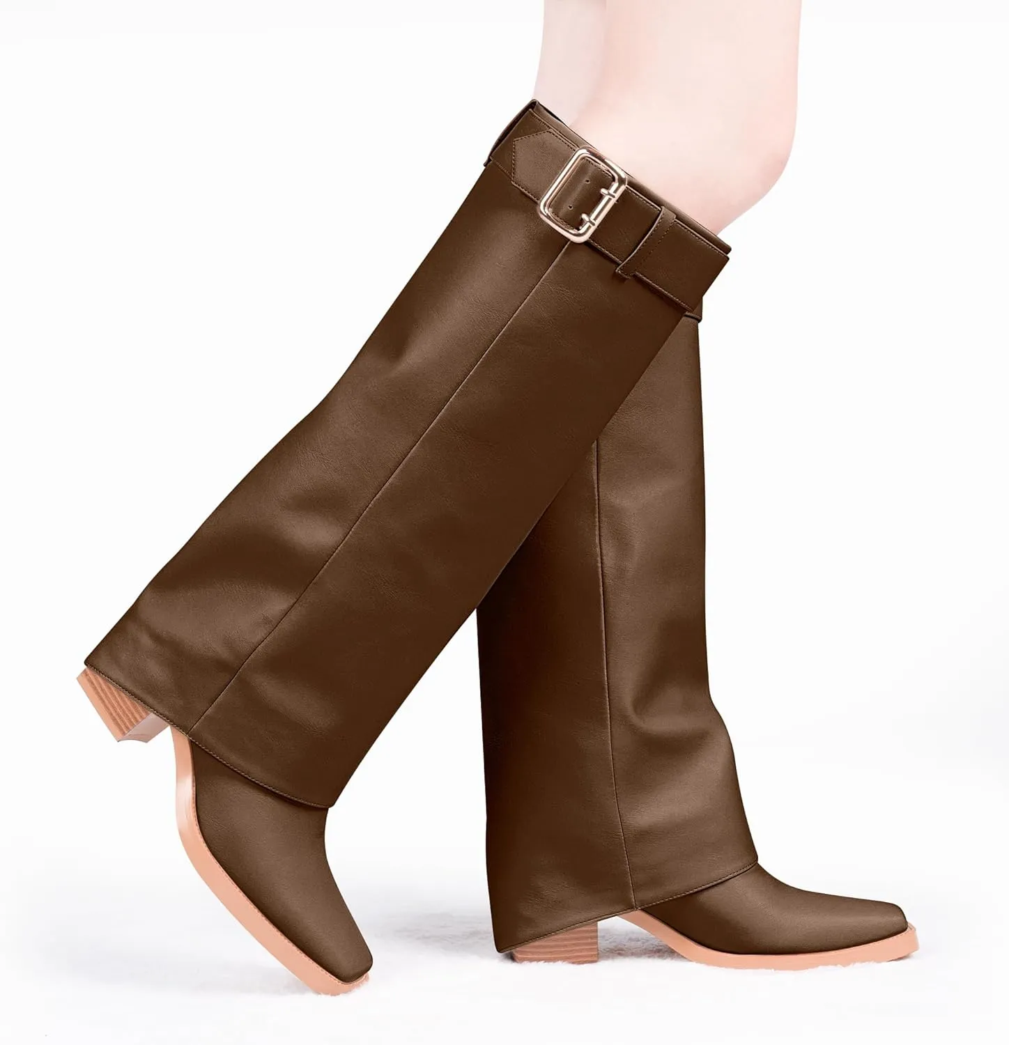 Women's Block Heel Fold Over Knee-High Boots Closed Toe Buckle Slip On Dress Boots