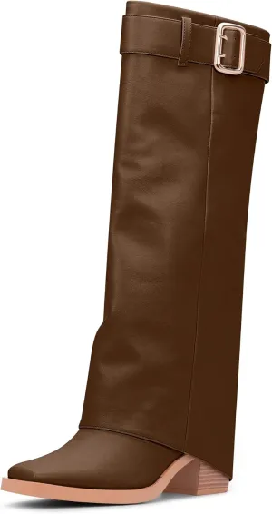 Women's Block Heel Fold Over Knee-High Boots Closed Toe Buckle Slip On Dress Boots