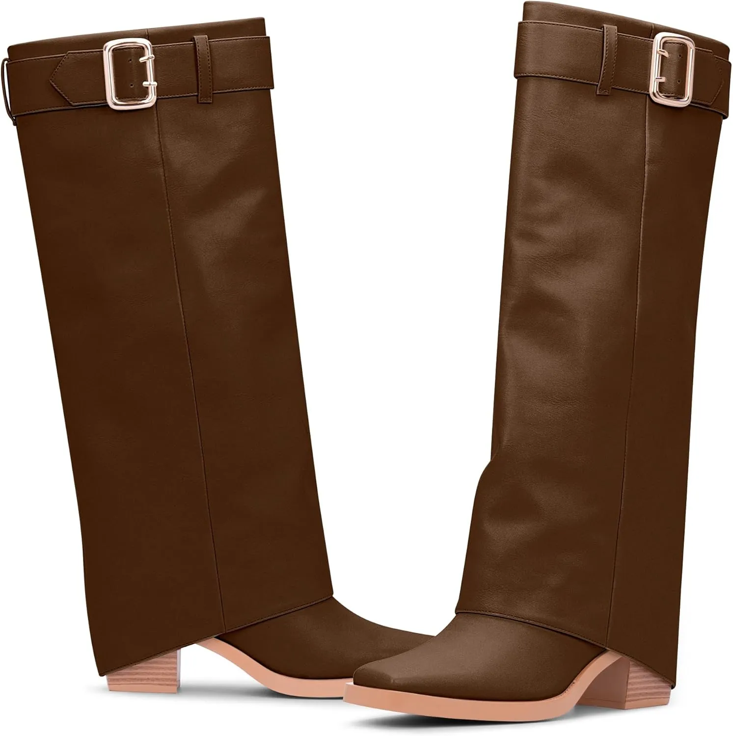 Women's Block Heel Fold Over Knee-High Boots Closed Toe Buckle Slip On Dress Boots