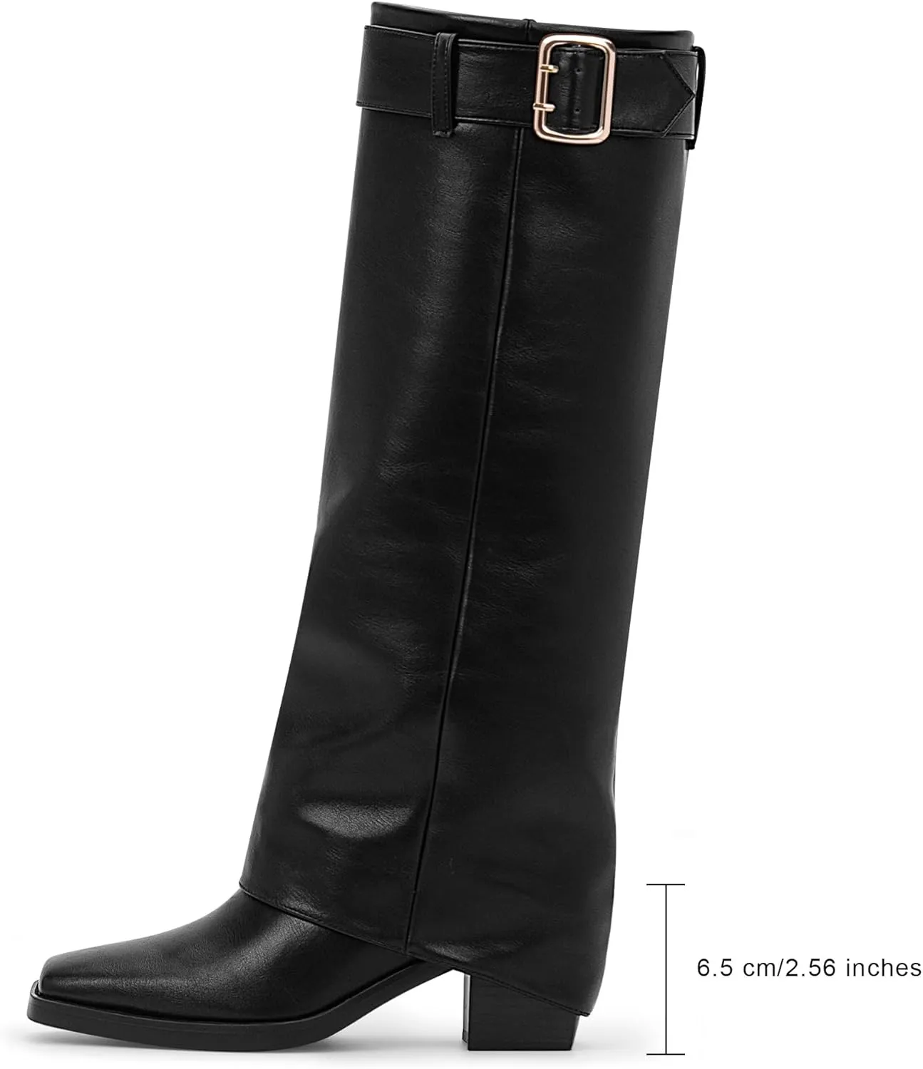 Women's Block Heel Fold Over Knee-High Boots Closed Toe Buckle Slip On Dress Boots
