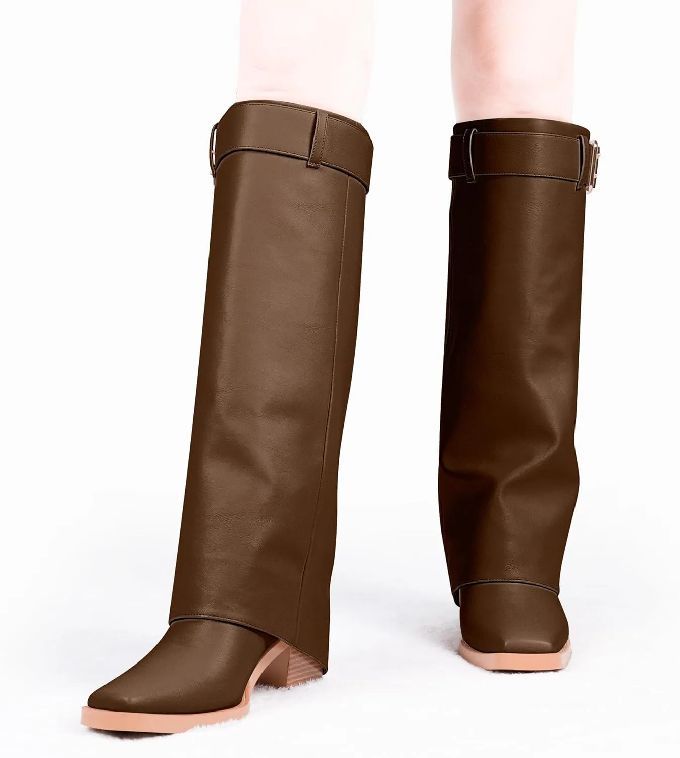 Women's Block Heel Fold Over Knee-High Boots Closed Toe Buckle Slip On Dress Boots