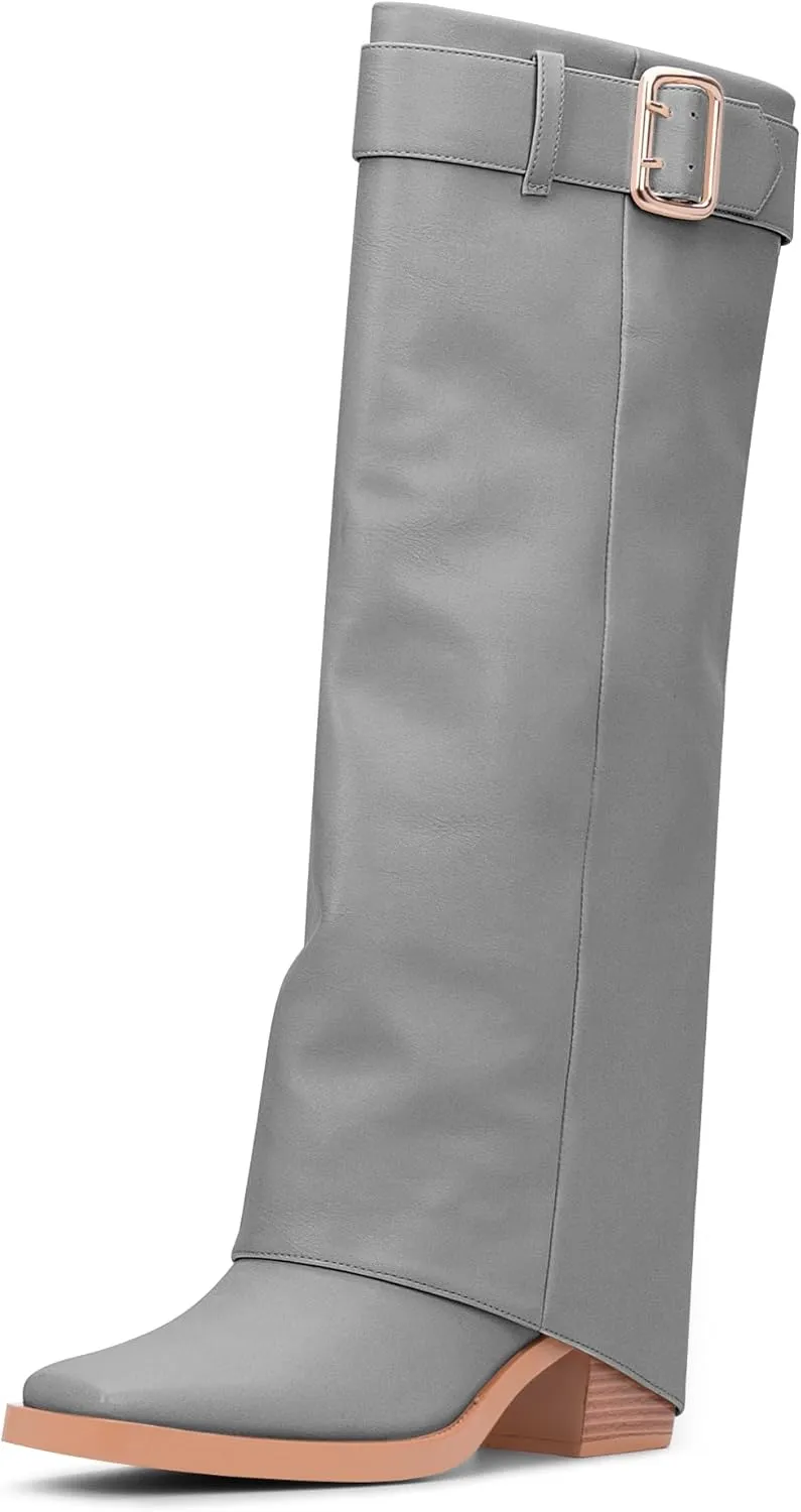 Women's Block Heel Fold Over Knee-High Boots Closed Toe Buckle Slip On Dress Boots
