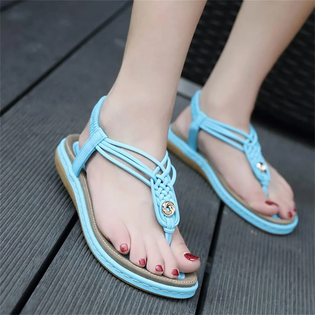 Women's Bohemian Flat Sandals Casual Summer Ladies Beach Party Ankle Elastic Strap Fashion Slippers Female Elegant Comfy Flip Flop