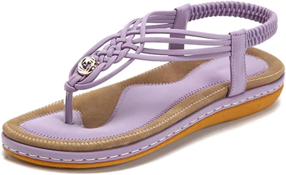 Women's Bohemian Flat Sandals Casual Summer Ladies Beach Party Ankle Elastic Strap Fashion Slippers Female Elegant Comfy Flip Flop