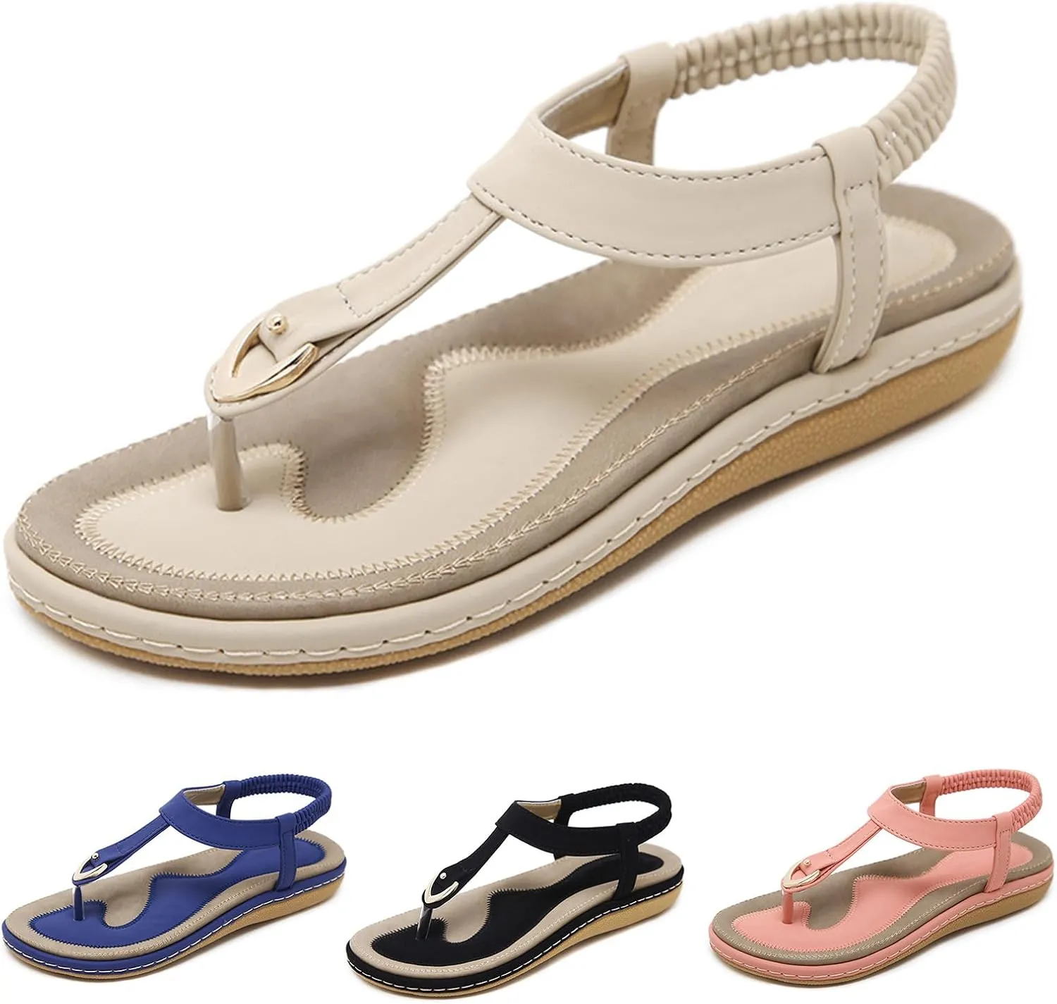 Womens Bohemian Flat Sandals Comfortable Summer Flip Flops Beach Vacation Shoes T-Strap Thong Sandals Stylish Clip Toe Walking Shoes Casual Flats with Back Strap