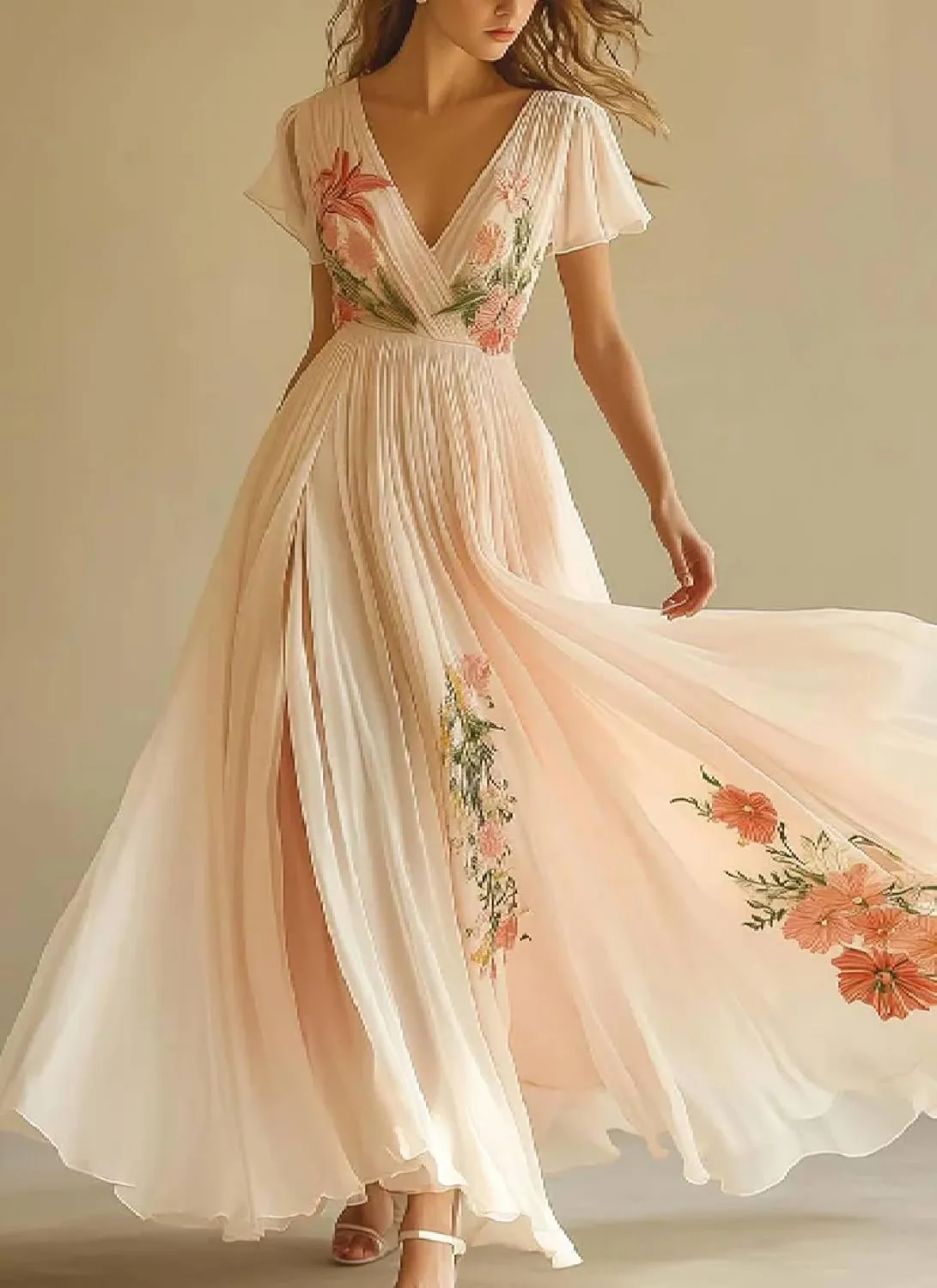 Women's Boho Pink Floral Print Dress Elegant V Neck Short Sleeve Flowy Tiered Ruched Hem Cocktail Party Maxi Dresses