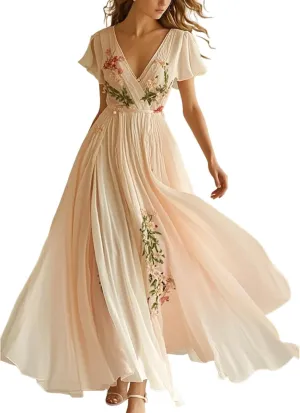 Women's Boho Pink Floral Print Dress Elegant V Neck Short Sleeve Flowy Tiered Ruched Hem Cocktail Party Maxi Dresses
