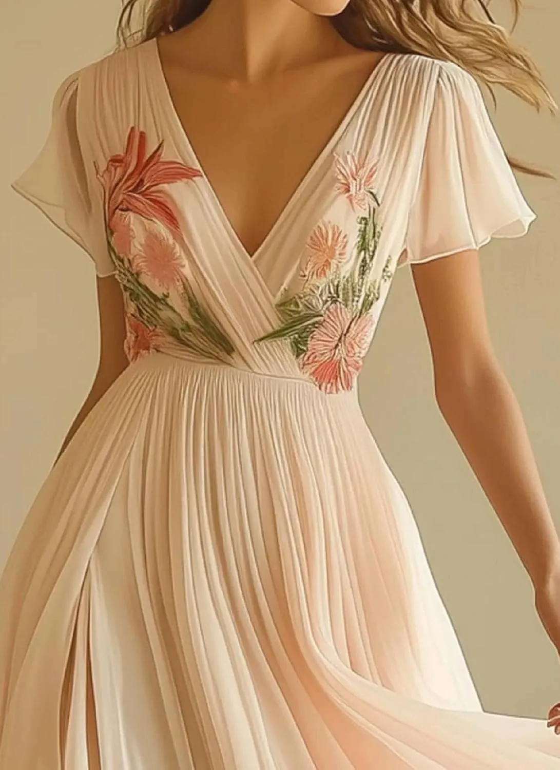Women's Boho Pink Floral Print Dress Elegant V Neck Short Sleeve Flowy Tiered Ruched Hem Cocktail Party Maxi Dresses