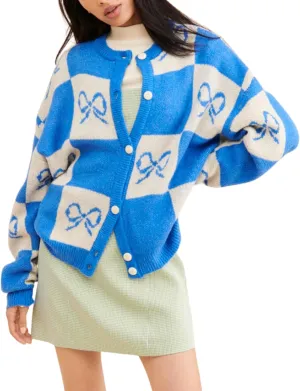 Women’s Bow Plaid Cardigans Sweater Vintage Color Block Button Down Sweater Long Sleeves Knit Outerwear