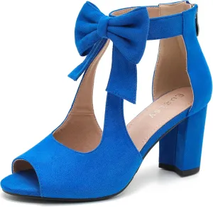 Women's Bows Strappy Sandals Open Toe Chunky High Heels Sandals Ankle Strap Dressy Pumps Back Zip Cutout Heeled Summer Party Sandals