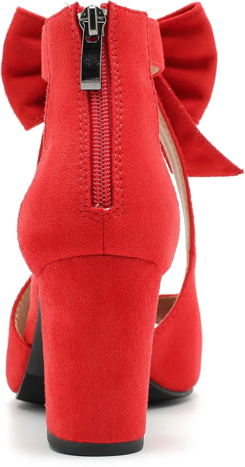 Women's Bows Strappy Sandals Open Toe Chunky High Heels Sandals Ankle Strap Dressy Pumps Back Zip Cutout Heeled Summer Party Sandals