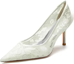 Women's Bridal Wedding Pumps - Lace Hook Flower Pointed Toe Stilettos with 3 Inch Heel, Elegant Bride & Bridesmaid Shoes for Prom, Ceremony & Reception Party