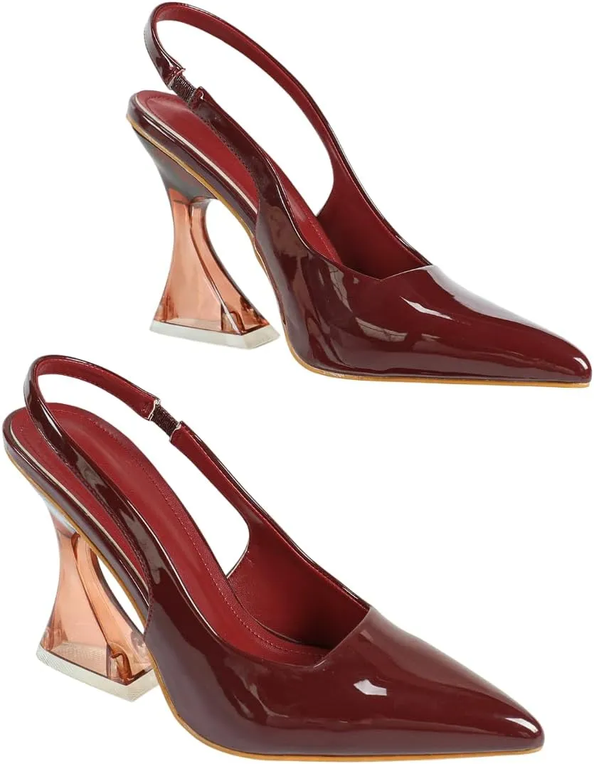 Women's Burgundy Patent Leather High-Heel Sandals | Pointed-Toe Slingback Pumps with Rose-Gold Heel | Elegant Banquet Business Shoes | 2025 Trendy Dress Heels