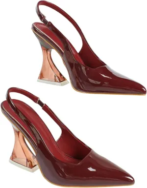 Women's Burgundy Patent Leather High-Heel Sandals | Pointed-Toe Slingback Pumps with Rose-Gold Heel | Elegant Banquet Business Shoes | 2025 Trendy Dress Heels