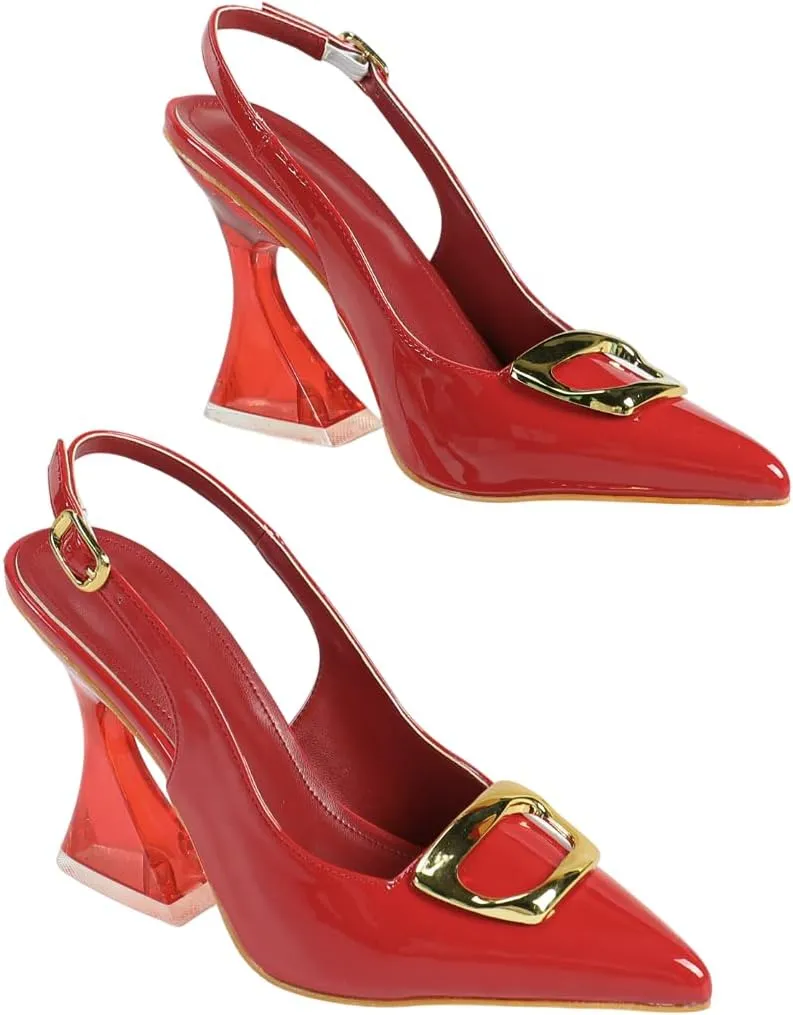 Women's Burgundy Patent Leather High-Heel Sandals | Pointed-Toe Slingback Pumps with Rose-Gold Heel | Elegant Banquet Business Shoes | 2025 Trendy Dress Heels