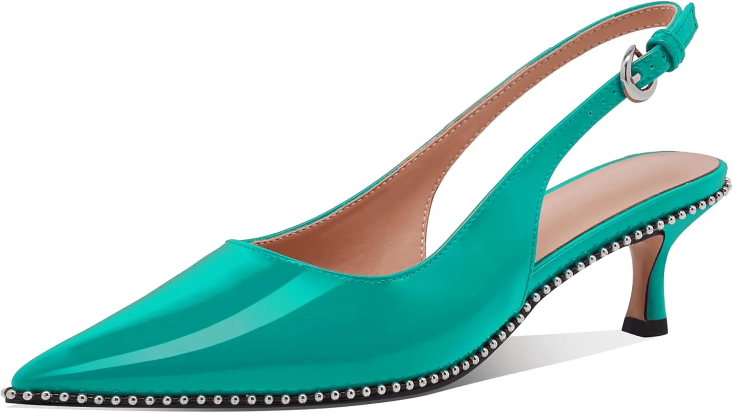 Women's Burgundy Slingback Kitten Heels – Pointed Toe Patent Leather Dress Shoes with Rhinestone Trim – Elegant Low Heel Pumps for Party, Wedding, or Office
