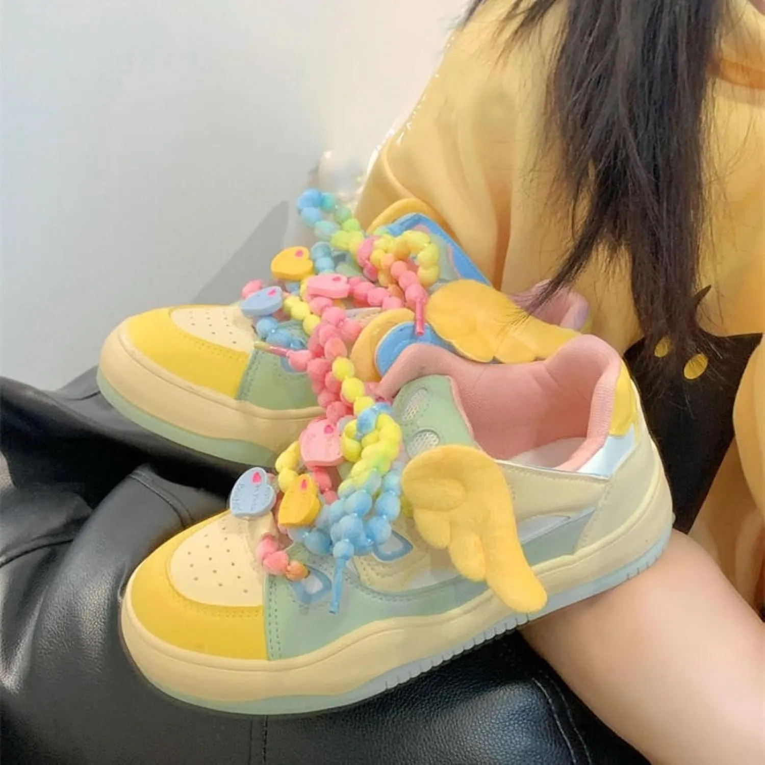Women's Candy-Colored Sneakers Pearl Shaped Shoelace Wing Charms Kawaii Platform Shoes for Girls Teens Daily Outfits