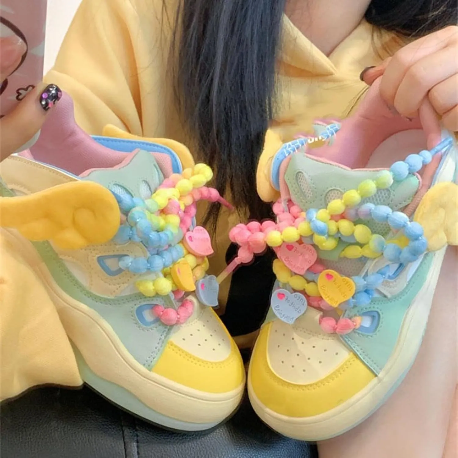 Women's Candy-Colored Sneakers Pearl Shaped Shoelace Wing Charms Kawaii Platform Shoes for Girls Teens Daily Outfits
