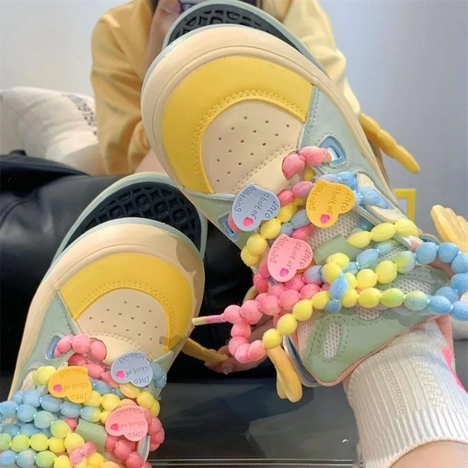 Women's Candy-Colored Sneakers Pearl Shaped Shoelace Wing Charms Kawaii Platform Shoes for Girls Teens Daily Outfits
