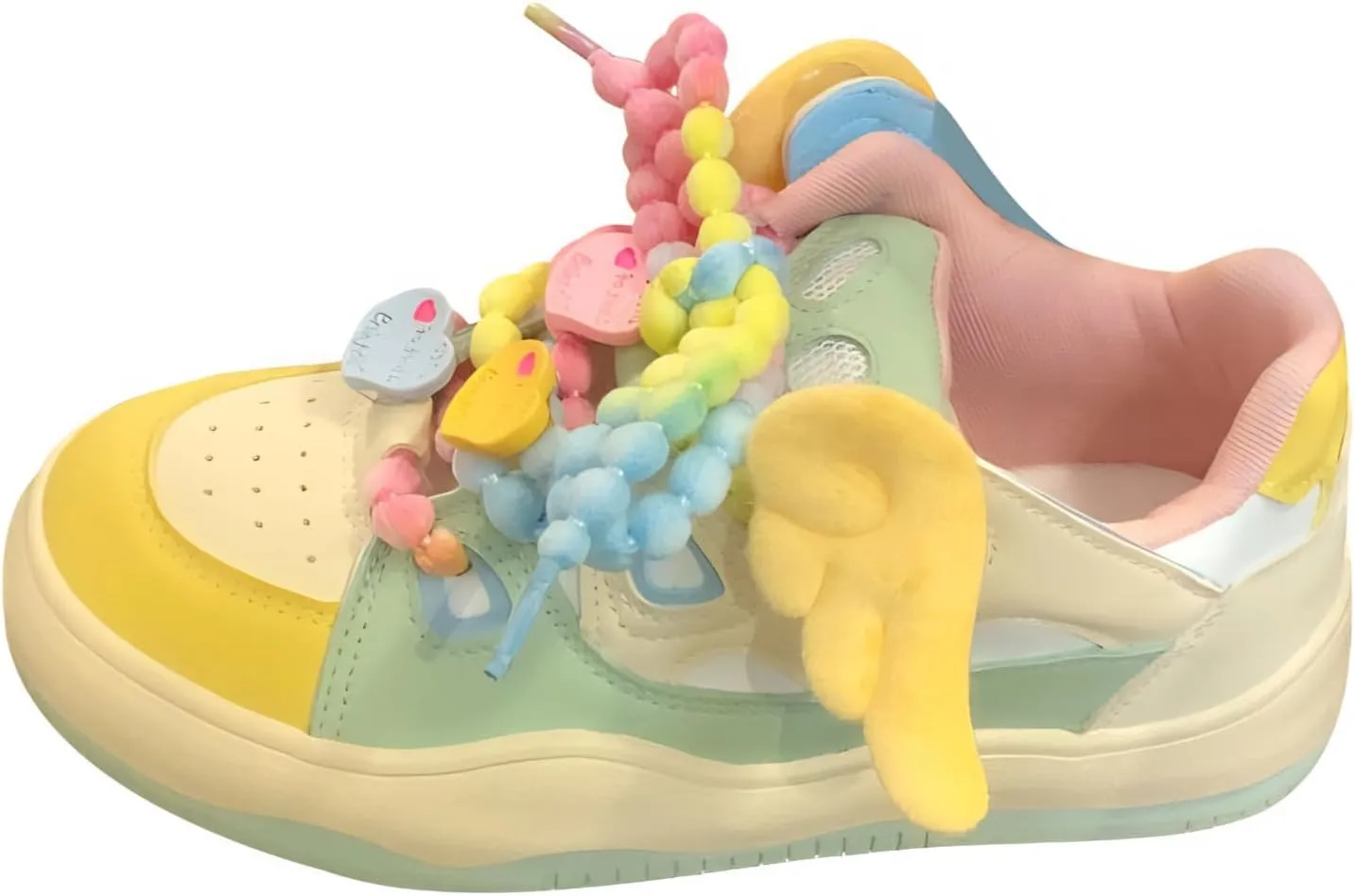 Women's Candy-Colored Sneakers Pearl Shaped Shoelace Wing Charms Kawaii Platform Shoes for Girls Teens Daily Outfits