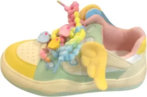 Women's Candy-Colored Sneakers Pearl Shaped Shoelace Wing Charms Kawaii Platform Shoes for Girls Teens Daily Outfits