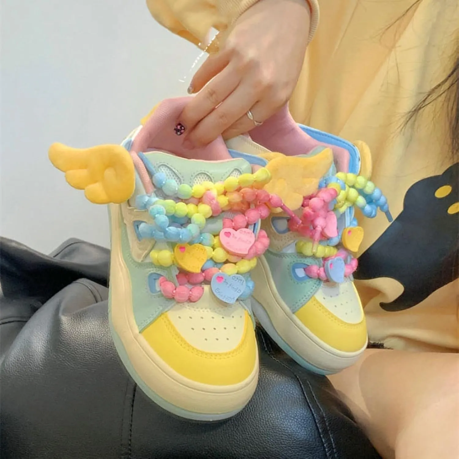 Women's Candy-Colored Sneakers Pearl Shaped Shoelace Wing Charms Kawaii Platform Shoes for Girls Teens Daily Outfits